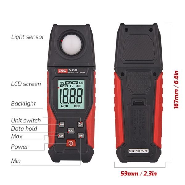 TASI TA630A Integrated Digital Light Meter Illuminance Lux Meter Backlight LCD Display 0.1-200000LUX / 0.01-20000FC Light Sensor Tester - Image 3