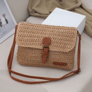 Women Retro Messenger Bag Travel Crossbody Straw Bag (Khaki)