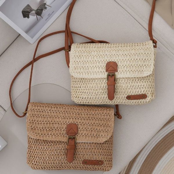 Women Retro Messenger Bag Travel Crossbody Straw Bag (Khaki) - Image 2