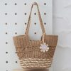 Knitting Straw Shoulder Bag Hollow Wave Large Capacity Tote Bag With Lining (Light Brown)