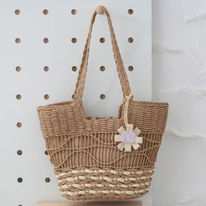 Knitting Straw Shoulder Bag Hollow Wave Large Capacity Tote Bag With Lining (Light Brown)