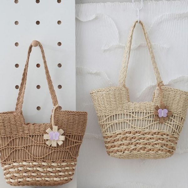 Knitting Straw Shoulder Bag Hollow Wave Large Capacity Tote Bag With Lining (Light Brown) - Image 2