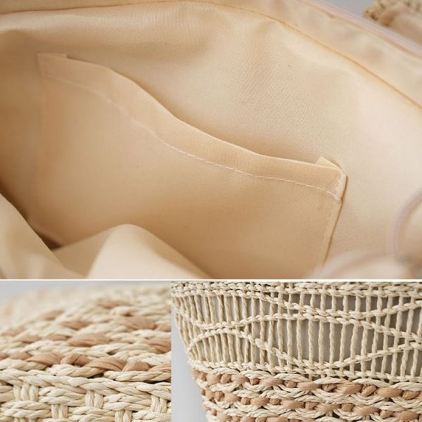 Knitting Straw Shoulder Bag Hollow Wave Large Capacity Tote Bag With Lining (Light Brown) - Image 6