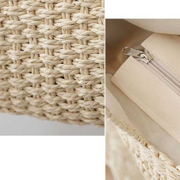 Knitting Straw Shoulder Bag Hollow Wave Large Capacity Tote Bag With Lining (Light Brown) - Image 7