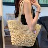 Knitting Straw Shoulder Bag Hollow Wave Large Capacity Tote Bag With Lining (Light Brown) - Image 8