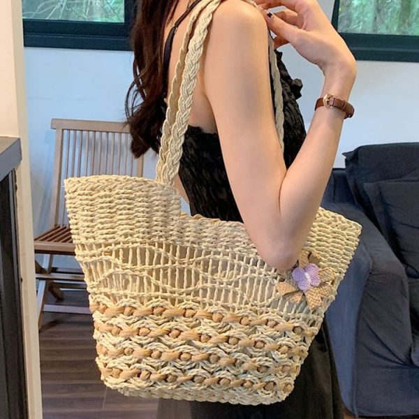Knitting Straw Shoulder Bag Hollow Wave Large Capacity Tote Bag With Lining (Light Brown) - Image 8