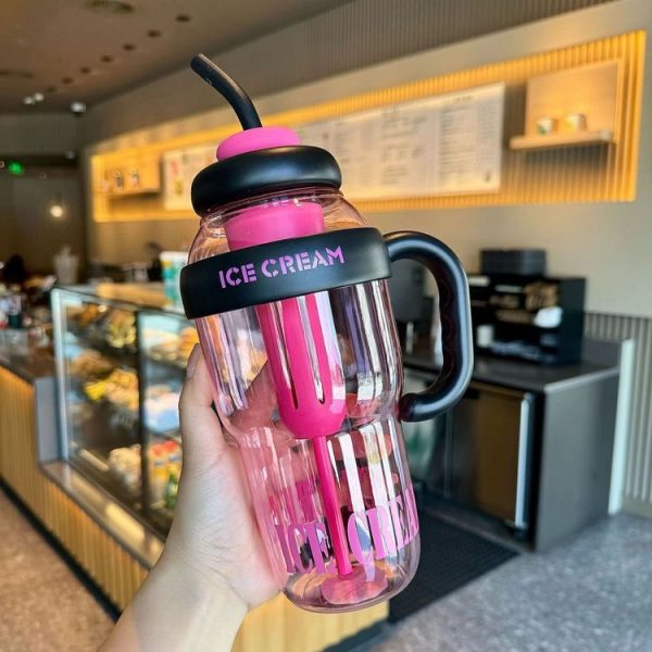 1200ml Large Capacity Lucky Belly Cup Handheld Portable Straw Cup with Tea Drain (Rose Red Black)