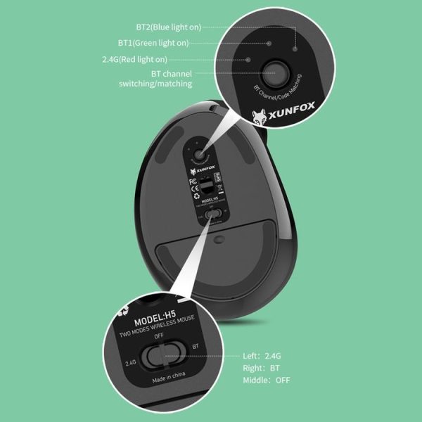 XUNSVFOX H5 Upright Vertical Dual Mode Mouse Rechargeable Wireless Business Office Mouse (Black) - Image 4