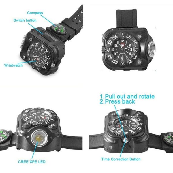 Outdoor LED Flashlight Wrist Watch With Compass Night Running Silicone Lighting Lamp (Black) - Image 4