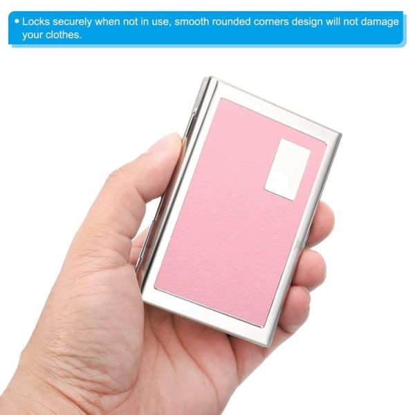 Men Business Card Holder Portable Stainless Steel Credit Card Case (Pink PU Leather+Iron) - Image 4