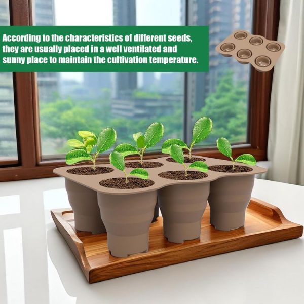 6 Holes Nursery Box Small Vegetable Flower Plant Breathable Growing Tray Silicone Folding Nursery Pot (Brown) - Image 2