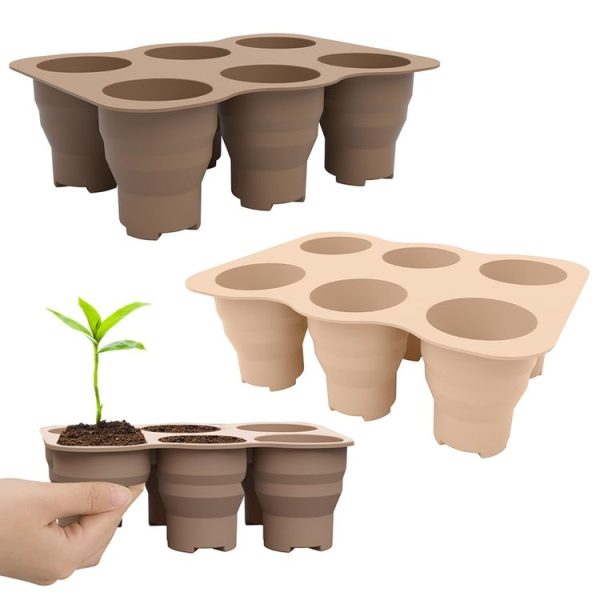 6 Holes Nursery Box Small Vegetable Flower Plant Breathable Growing Tray Silicone Folding Nursery Pot (Brown) - Image 3