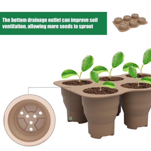 6 Holes Nursery Box Small Vegetable Flower Plant Breathable Growing Tray Silicone Folding Nursery Pot (Brown) - Image 7