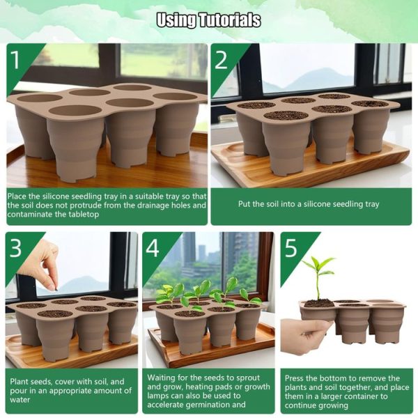 6 Holes Nursery Box Small Vegetable Flower Plant Breathable Growing Tray Silicone Folding Nursery Pot (Brown) - Image 8