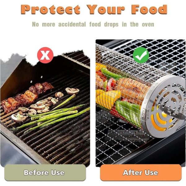 Upgrade Flip-Top Lid BBQ Cage Stainless Steel Rolling Grilling Basket, Spec: Small - Image 4