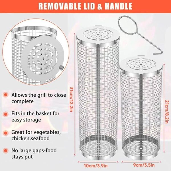 Upgrade Flip-Top Lid BBQ Cage Stainless Steel Rolling Grilling Basket, Spec: Small - Image 6