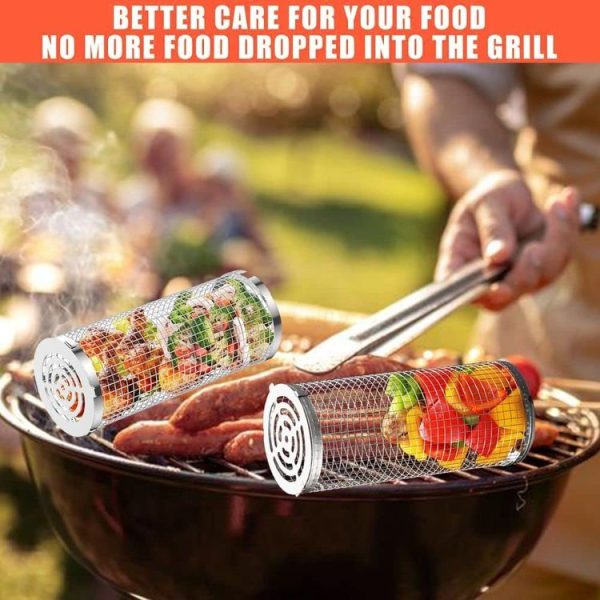 Upgrade Flip-Top Lid BBQ Cage Stainless Steel Rolling Grilling Basket, Spec: Small - Image 7