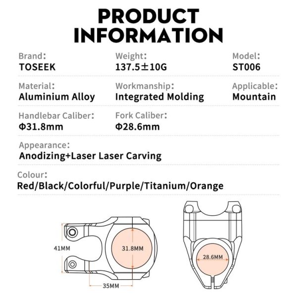 TOSEEK 35mm Aluminum Alloy Stem Bicycle Modification Accessories, Color: Orange - Image 3