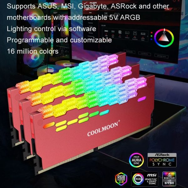 COOLMOON RA-2 Heatsink Cooler ARGB Colorful Flashing Memory Bank Cooling Radiator For PC Desktop Computer Accessories (Red) - Image 5