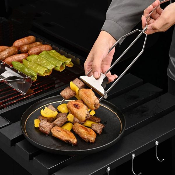 3 Way Skewer Stainless Steel BBQ Skewers Semi-Automatic Barbecue Fork - Image 2