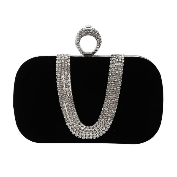 U-Shape Embellished Evening Bag Ladies Banquet Evening Clutch Bag (Black)