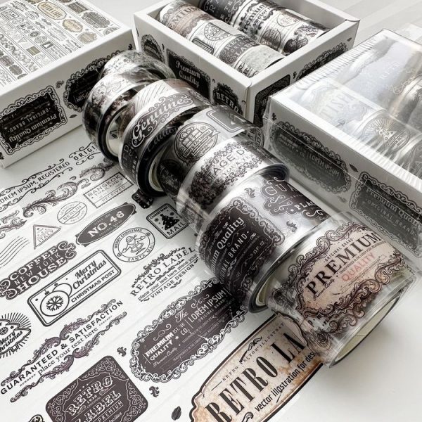 8rolls / Box Ancient Style Transparent PET Tape Set for Journaling 3cm x 2+2cm x 2+1.5cm x 4 (Badge Pattern)