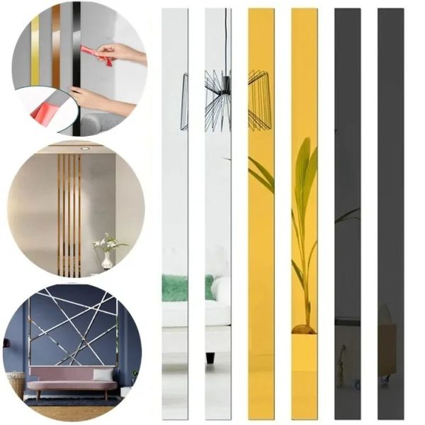 10pcs 1x90cm 3D Mirror Wall Stickers Beautiful Edge Decorative Strip Living Room TV Background Decorative Self-adhesive Beltline Sewing (Gold) - Image 4