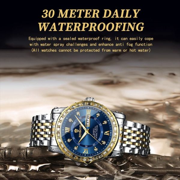 BINBOND B2202 Diamond Dual-calendar Luminous Quartz Watch, Color: Inter-gold-Blue - Image 4