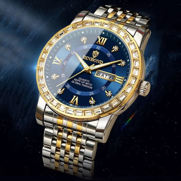 BINBOND B2202 Diamond Dual-calendar Luminous Quartz Watch, Color: Inter-gold-Blue - Image 5
