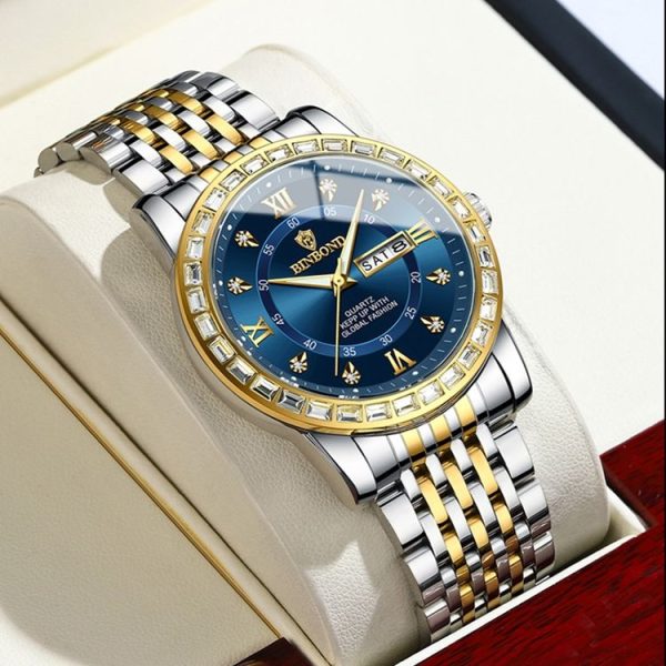 BINBOND B2202 Diamond Dual-calendar Luminous Quartz Watch, Color: Inter-gold-Blue - Image 6