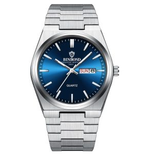 BINBOND B102 Dual-calendar Leisure Waterproof Luminous Quartz Watch, Color: White Steel-Blue
