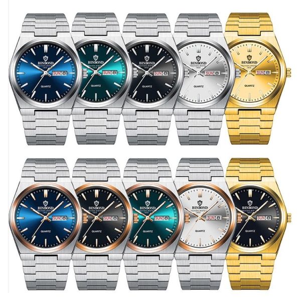 BINBOND B102 Dual-calendar Leisure Waterproof Luminous Quartz Watch, Color: White Steel-Blue - Image 2