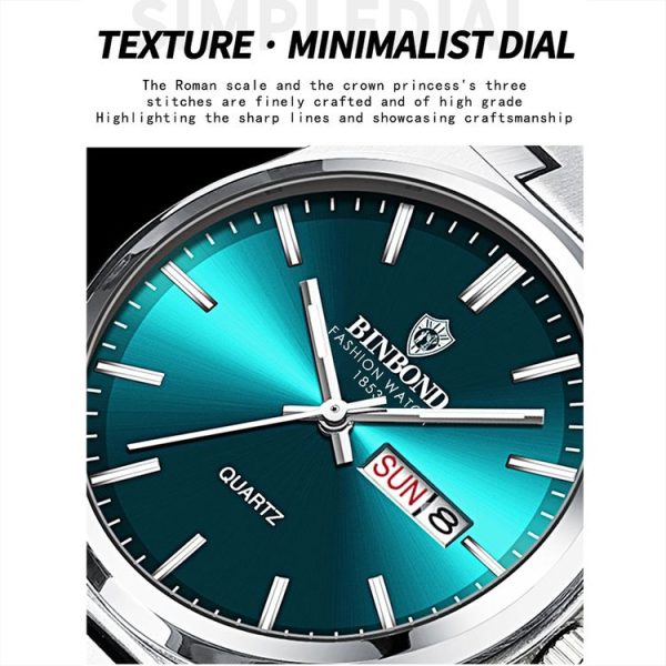 BINBOND B102 Dual-calendar Leisure Waterproof Luminous Quartz Watch, Color: White Steel-Blue - Image 3