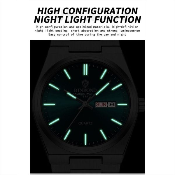 BINBOND B102 Dual-calendar Leisure Waterproof Luminous Quartz Watch, Color: White Steel-Blue - Image 4