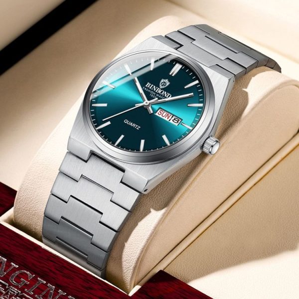 BINBOND B102 Dual-calendar Leisure Waterproof Luminous Quartz Watch, Color: White Steel-Blue - Image 7