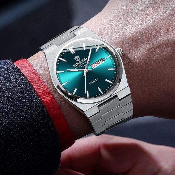 BINBOND B102 Dual-calendar Leisure Waterproof Luminous Quartz Watch, Color: White Steel-Blue - Image 8