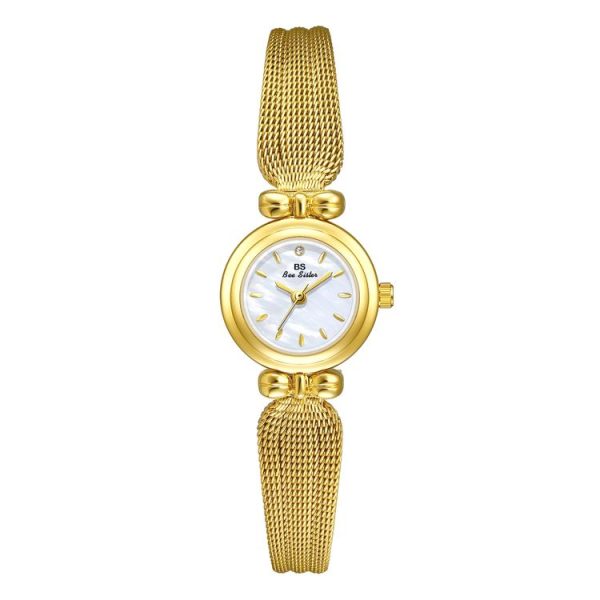 BS Bee Sister 22mm Retro Female Wrist Watch with Stainless Steel Mesh Butterfly Design Strap (Golden White)