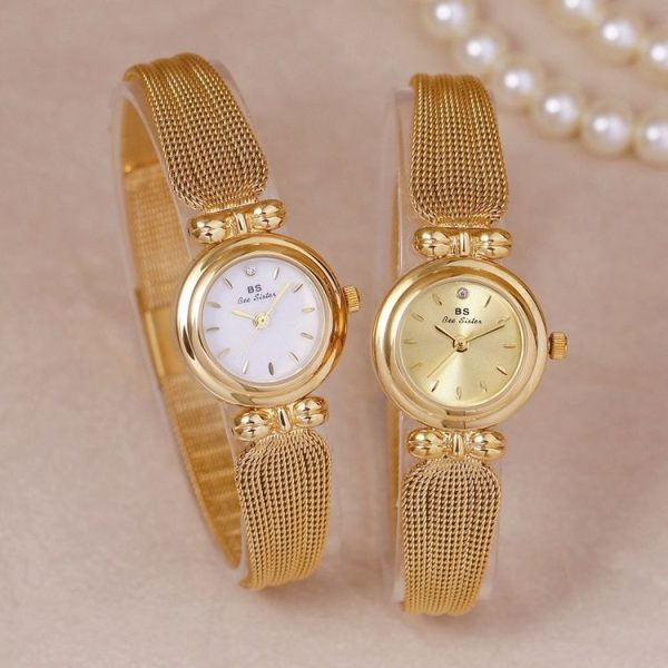 BS Bee Sister 22mm Retro Female Wrist Watch with Stainless Steel Mesh Butterfly Design Strap (Golden White) - Image 4