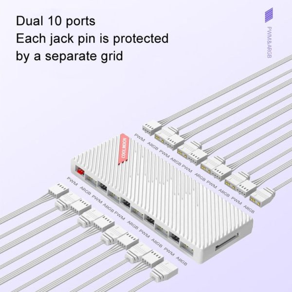 COOLMOON AM10 ARGB+PWM Dual 10 Ports Temperature Control Splitter Case Fan 5V 3Pin HUB (White) - Image 4