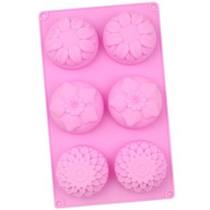 6 Grids 3 Groups Flower Shape Silicone Cake Mold Baking DIY Handmade Soap Model Sunflower Moon Cake Mold (Pink)