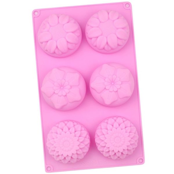 6 Grids 3 Groups Flower Shape Silicone Cake Mold Baking DIY Handmade Soap Model Sunflower Moon Cake Mold (Pink)