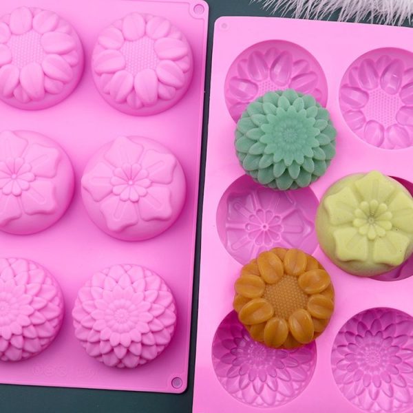 6 Grids 3 Groups Flower Shape Silicone Cake Mold Baking DIY Handmade Soap Model Sunflower Moon Cake Mold (Pink) - Image 2