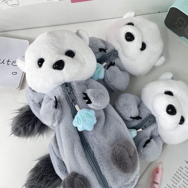 Cute Otter Plush Pen Pouch Practical Cartoon Animal Student Stationery Storage Bag (Grey) - Image 6