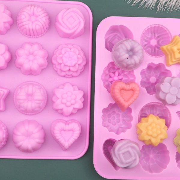 12 Grids Different Flower Grass Shape Silicon Model Kitchen Baking Cake Model DIY Handmade Soap Mould, Specification: Pink Light Model - Image 2