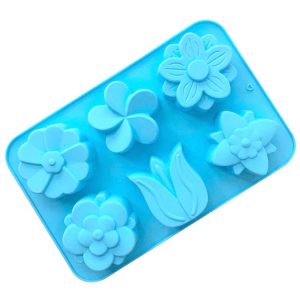 6 Grids Flower Silicone Baking Cake Molds DIY Handmade Soap Mould (Light Blue)