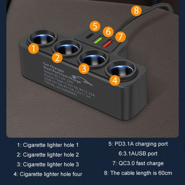 1 to 4 Q3.0 Car Cigarette Lighter Fast Charging 120W Car Conversion Plug (BY-1369) - Image 5