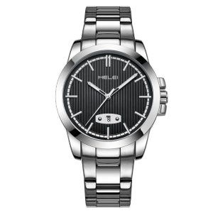 HELEI H9026A-G Men Waterproof Quartz Watch Stainless Steel Calendar Automatic Display Watch (Black)