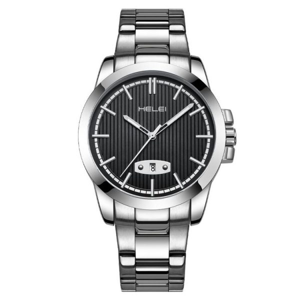HELEI H9026A-G Men Waterproof Quartz Watch Stainless Steel Calendar Automatic Display Watch (Black)