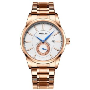 HELEI H9009B-G Night Light Waterproof Men Quartz Watch (Rose Gold White)