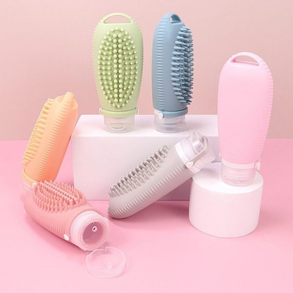 100ml 2 In1 Travel Dispenser Bottle Silicone Portable Massage Brush Shampoo Lotion Divider Bottle (Light Pink) - Image 2